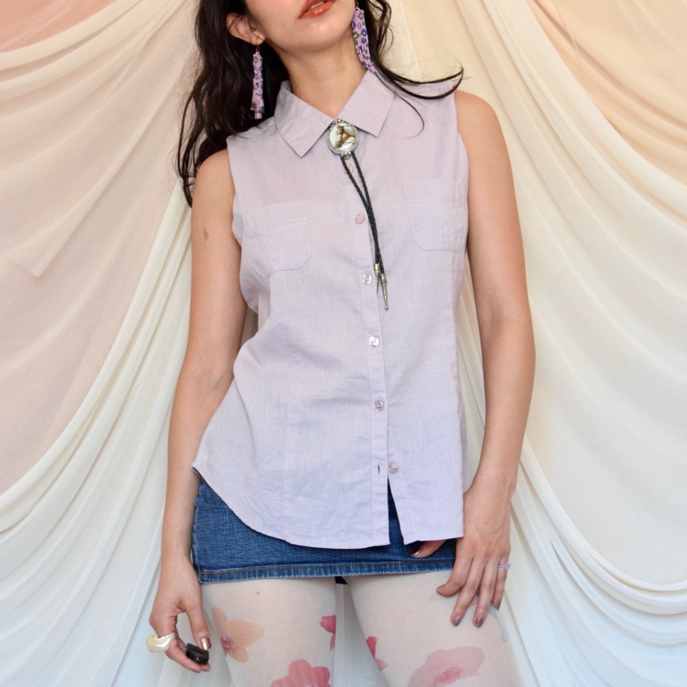 Calvin Klein Lilac Sleeveless button down shirt cotton and linen blend